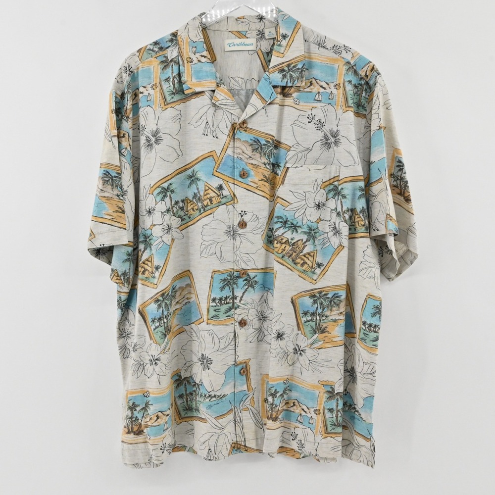 Caribbean Postcard Tropical Shirt Mens Size XL Tan Cotton Blend Beach 7523